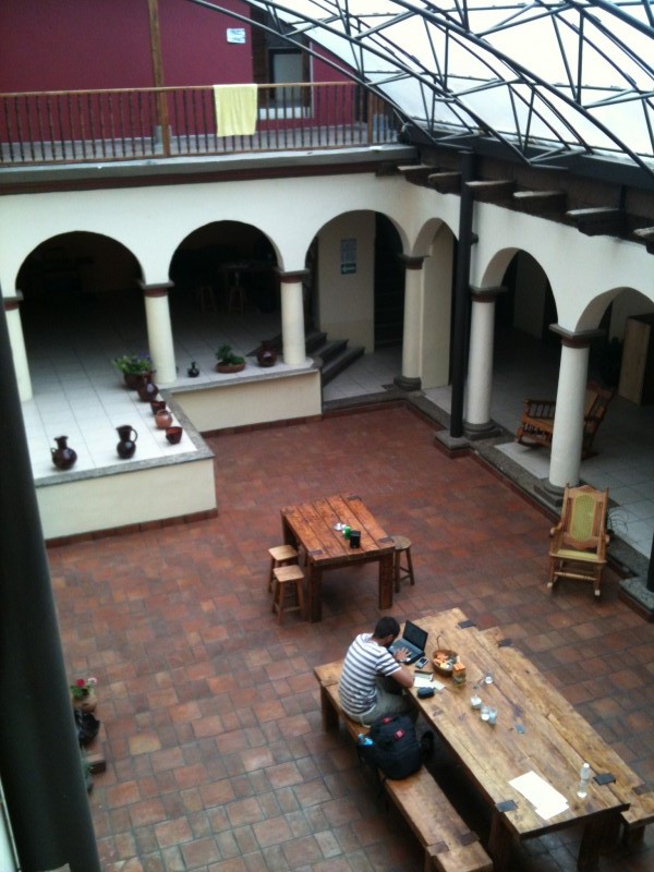 Common space at the Puerta Vieja hostel in San Cristóbal de las Casas